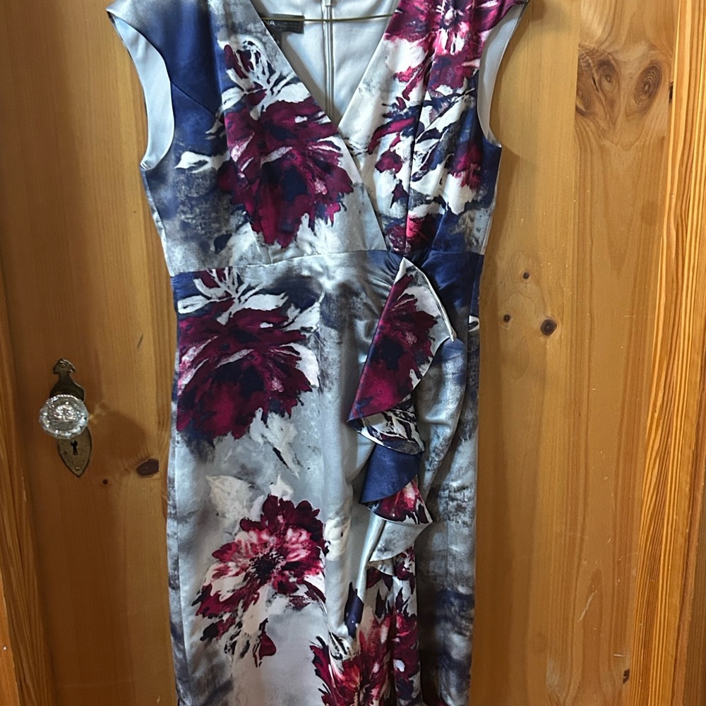 Donna Ricco Blue and Magenta Floral Wrap-Style Midi Dress